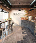 Modern cafe interior with Dope Black Industrial Pendant Lights 3 Pack, Barn Shade Bar Kitchen Island Lighting above counter.