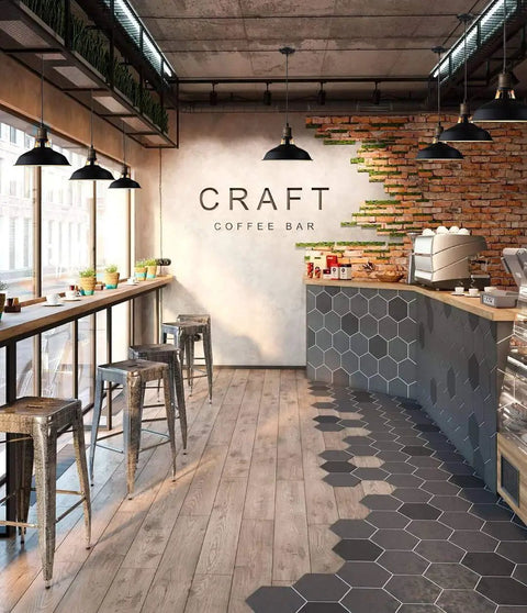 Modern cafe interior with Dope Black Industrial Pendant Lights 3 Pack, Barn Shade Bar Kitchen Island Lighting above counter.
