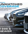 Close-up of car lineup highlighting 410 Bluetooth OBD2 Scanner For iPhone And Android No Sub Fee OBDII Car Code Reader compatibility for 1996+ vehicles.