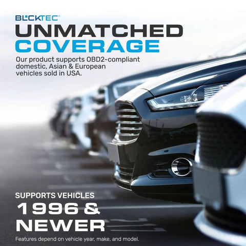 Close-up of car lineup highlighting 410 Bluetooth OBD2 Scanner For iPhone And Android No Sub Fee OBDII Car Code Reader compatibility for 1996+ vehicles.