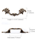 French Provincial Antique Brass Drawer Pulls 6 Pack With 3 Inch Hole Centers shown with dimensions for dressers and cabinets