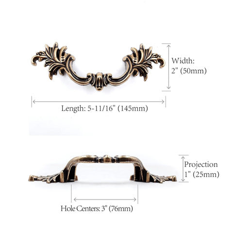 French Provincial Antique Brass Drawer Pulls 6 Pack With 3 Inch Hole Centers shown with dimensions for dressers and cabinets