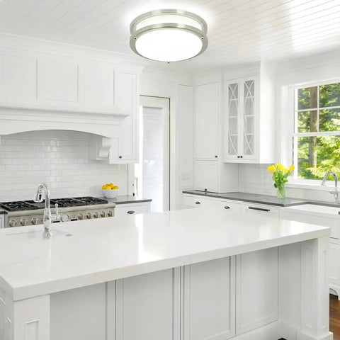 Super Bright Thirty Watt Dimmable Led Flush Mount Ceiling Light With Remote Round Fourteen Inch Fixture in modern kitchen