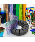 Zero Stress Stained Glass Soldering Station And Multi Angle Cutting Jig Tool with colorful glass pieces and cutting jig showcased.