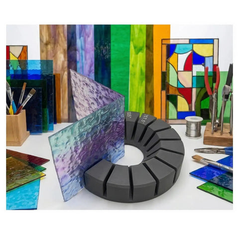 Zero Stress Stained Glass Soldering Station And Multi Angle Cutting Jig Tool with colorful glass pieces and cutting jig showcased.