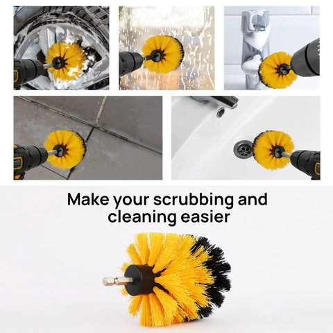 Close-up of yellow drill brush attachment on Beast Cordless Hammer Drill Kit 12V With Dual Speed Control, cleaning surfaces.