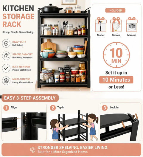 Three Tier 32 Inch Tall Adjustable Metal Kitchen Storage Shelf Pantry Baker Rack With Non Slip Feet Heavy Duty Steel Frame