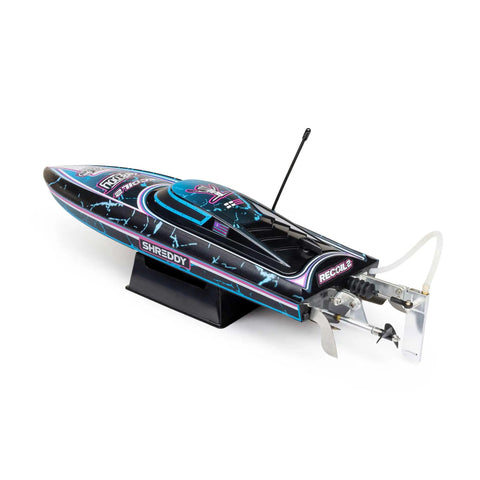 Recoil 2 18 Inch Brushless Shreddy RTR with Water-Cooled Motor and ESC Self-Righting Deep-V Hull on display stand.