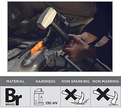 Person using Brass Head Sledge Hammer With Indestructible 12-Inch Handle, 2.5 Lb Drop-Forged Spark-Resistant Head in automotive work.