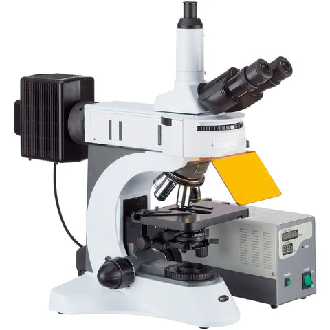 Upright Fluorescence Microscope 40X To 1000X With Rotating 6 Filter Turret And Ultra Sensitive 1.4MP CCD Camera, Infinity Corrected Optics, Lab Ready Pro Grade Quality For Classrooms And Labs.