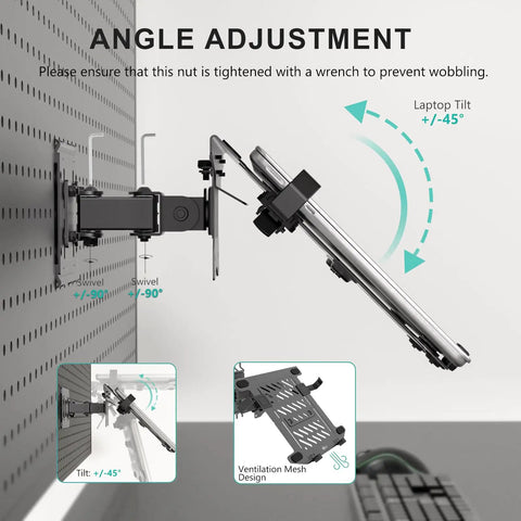 Ultra Top Notch Articulating Pegboard Mount For Laptops And Computer Screens Featuring Ventilated Trays showing angle adjustment options.