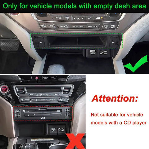 Installation guide showing suitable and unsuitable Honda models for Removable Center Console Tray Organizer For Honda Pilot 2016 Through 2022, Ridgeline 2017 Through 2026, Passport 2019 Through 2025 With Cubby Concealed Storage For Small Items Keeps Small Stuff Sorted On The Go Car Interior Accessory.