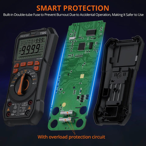 Go To Digital Multimeter With True RMS, 9999 Counts, front view with circuit board and open casing