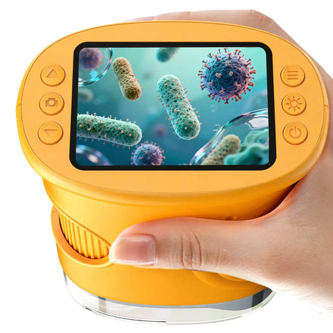 Hand holding 1000X Handheld Digital Microscope For Kids Pocket Microscope With 2 Inch IPS Screen showing bacteria on display