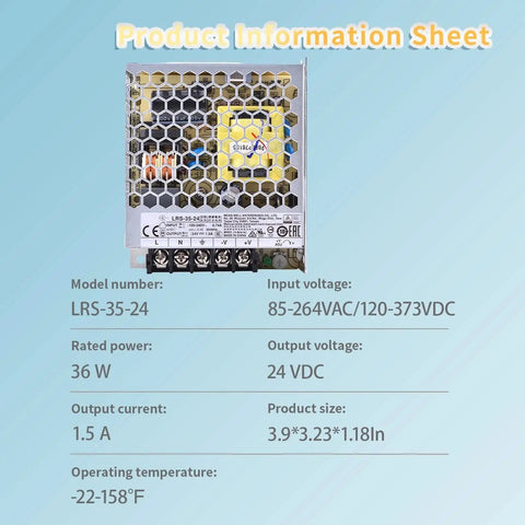 Heavy Duty Switching Power Supply 24V 1.5A 36W Fanless Metal Enclosure Wide Input 85 To 264VAC front view with specifications.