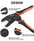 7 Piece Crimping Tool Set with Quick Exchange Jaw and Interchangeable Dies featuring color-marked jaws.