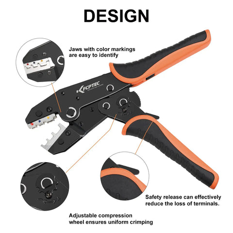 7 Piece Crimping Tool Set with Quick Exchange Jaw and Interchangeable Dies featuring color-marked jaws.