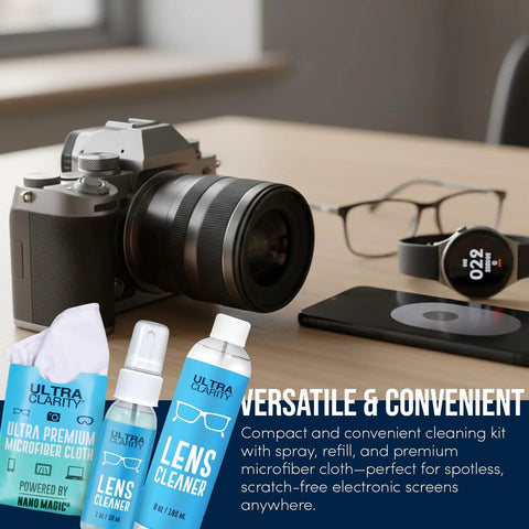 Front view of Ultra Clarity lens cleaning kit with blue bottles, spray, microfiber cloths beside glasses on desk
