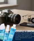 Camera, eyeglasses, and phone with Nano Magic Eyeglass Lens Cleaning Spray 7oz Value Pack with 1oz spray and 6oz refill with microfiber cloth on table.