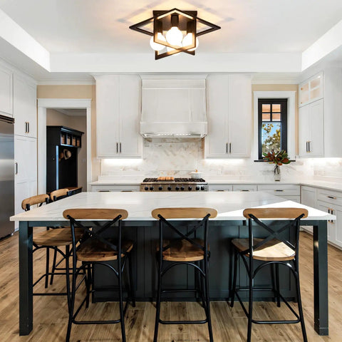 4 Light Industrial Ceiling Light in Matte Black with Open Frame Cage Design, installed in modern kitchen, semi flush mount fixture