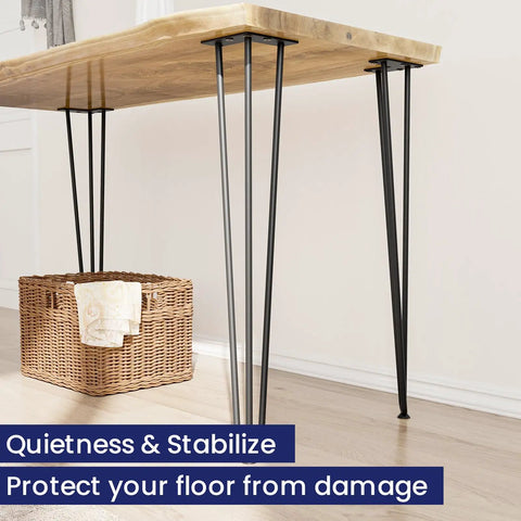 30 Inch Hairpin Table Legs Half Inch Diameter Three Rod Steel Black With Rubber Floor Protectors 4 Pack on wooden table