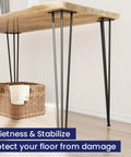 34 Inch Hairpin Table Legs One Half Inch Diameter 3 Rods Steel Satin Black Powder Coated Heavy Duty 600 Lb Capacity Built Like A Tank with Rubber Floor Protectors on a wooden table