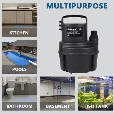 Powerful Submersible Utility Pump 1/6 HP 1370 GPH for basements, pools, fish tanks, bathrooms, and kitchens with 10 ft cord shown