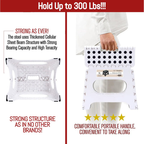 Ultra Sturdy Folding Step Stool 11 Inch Open In A Snap, supports 300 lb, foldable with handle shown demonstrating compactness.