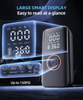 Cordless Car Tire Pump With 150 PSI, Dual Power 12V DC And 5400mAh Battery, LED Light, digital display showing pressure settings