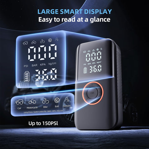 Cordless Car Tire Pump With 150 PSI, Dual Power 12V DC And 5400mAh Battery, LED Light, digital display showing pressure settings