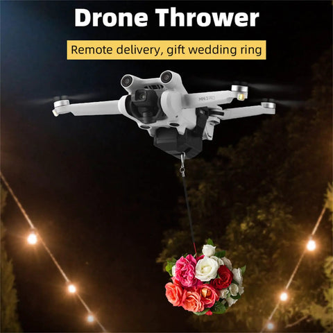 Drone Payload Dropper Airdrop System for DJI Mini 5 Pro delivering flowers at night wedding event.