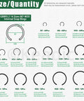 Assorted Round Wire C Clips Set For Holes, External Snap Rings Kit, 322 Pcs In 10 Sizes M7 To M30, size diagram shown