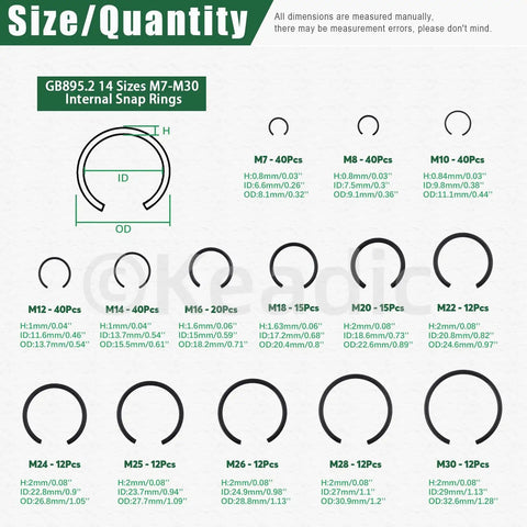 Assorted Round Wire C Clips Set For Holes, External Snap Rings Kit, 322 Pcs In 10 Sizes M7 To M30, size diagram shown