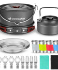 22 Piece Camping Cookware Mess Kit For Four With Hanging Pot, pan, kettle, dishes, cups, utensils, carry bag, outdoor cooking set.