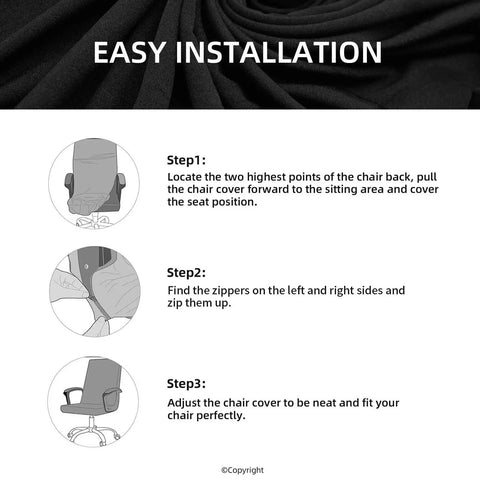 Diagram showing installation steps for Waterproof Stretch Office Chair Cover With Durable Zipper Washable Removable Spandex Slipcover.