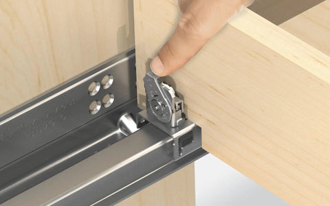 21 Inch Tandem Drawer Slides With Blumotion Soft Close System Bundle installed in wooden drawer with hand adjusting mechanism