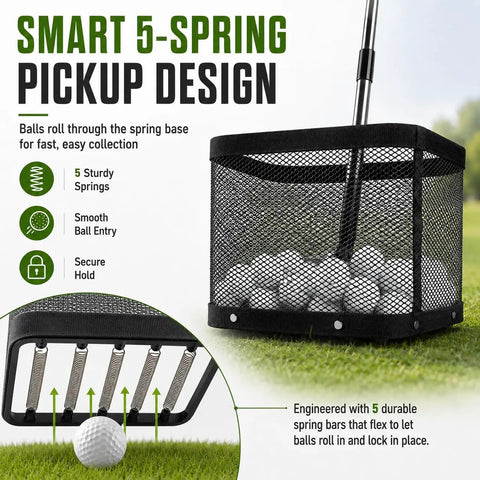 Golf Ball Picker Upper With Cleaning Towel, Turf Friendly 5 Spring Base, No Bend Pickup, Large Capacity Mesh Basket illustration.