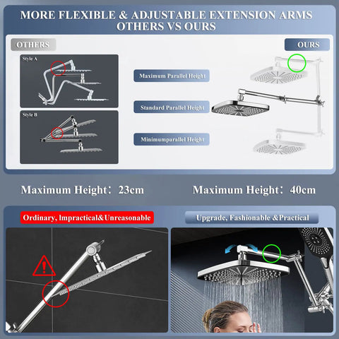 Comparison of Powerful High Pressure Dual Shower Head with chrome finish showcasing adjustable extension arm heights up to 40cm.