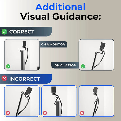 Visual guidance for Dual Video Conference Lighting Kit For Webcams And Laptops, correct and incorrect mounting on monitor and laptop.