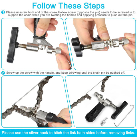 Hands using Bike Chain Removal Tool and Repair Kit for Cyclists to disconnect chain links, featuring the chain breaker and plier set.