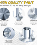Beefy Coated Alloy Steel T Nuts Set features zinc plated alloy, 4 prongs, deep thread shown in close-up details