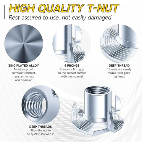 Beefy Coated Alloy Steel T Nuts Set features zinc plated alloy, 4 prongs, deep thread shown in close-up details