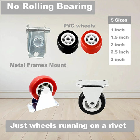 2.5 Inch Rigid Plate Caster Wheels Hard Rubber Non-Swivel For Furniture And Workbenches, 6 Pack With Screws, Black Finish