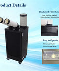 Heavy Duty 220V Industrial Air Conditioner 15400 BTU Portable Spot Cooler with 8L Water Tank and 780 Cubic Meters Per Hour Airflow for Workshop Warehouse Factory showing dual exhaust hoses and control panel.