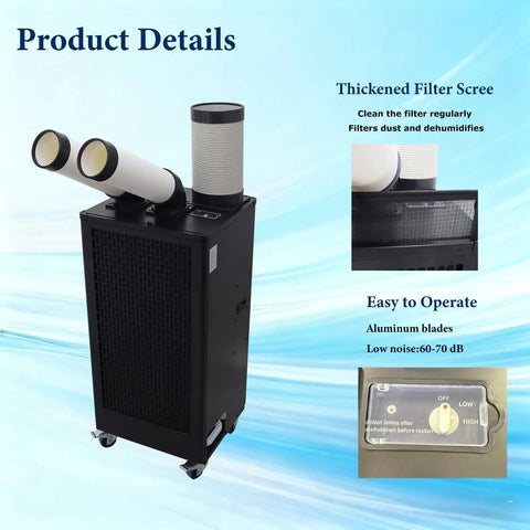 Heavy Duty 220V Industrial Air Conditioner 15400 BTU Portable Spot Cooler with 8L Water Tank and 780 Cubic Meters Per Hour Airflow for Workshop Warehouse Factory showing dual exhaust hoses and control panel.