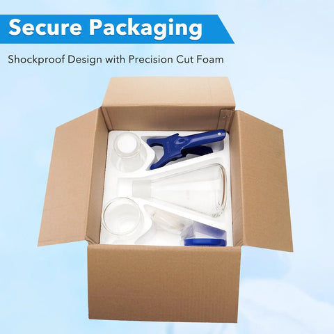 Pro Grade Lab Vacuum Filtration Distillation Apparatus Kit in secure packaging with glass flask, funnel, filter papers visible