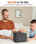 Man and child using small safe box with key lock and coin slot for cash jewelry and coins beefy steel security deposit box.