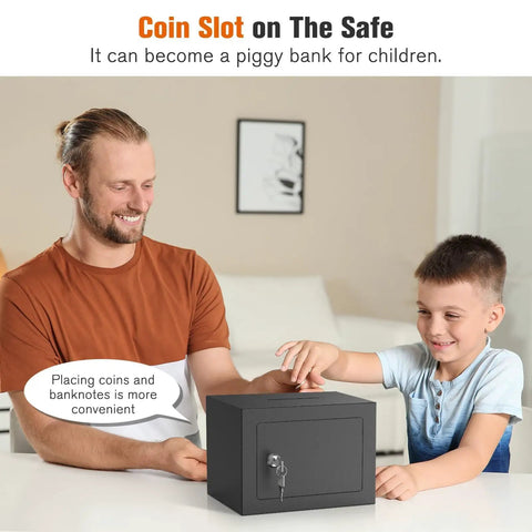 Man and child using small safe box with key lock and coin slot for cash jewelry and coins beefy steel security deposit box.