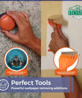 Dual Edge Premium Wallpaper Scraper Tool With Re Sharpenable Blade in use by hand for textured wall and sticky paste removal.