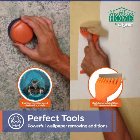 Dual Edge Premium Wallpaper Scraper Tool With Re Sharpenable Blade in use by hand for textured wall and sticky paste removal.